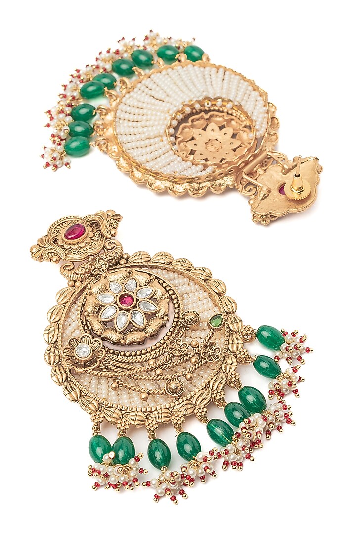 Gold Finish White Stone & Green Beaded Floral Chandbali Earrings by Vivinia By Vidhi Mehra at Pernia's Pop Up Shop