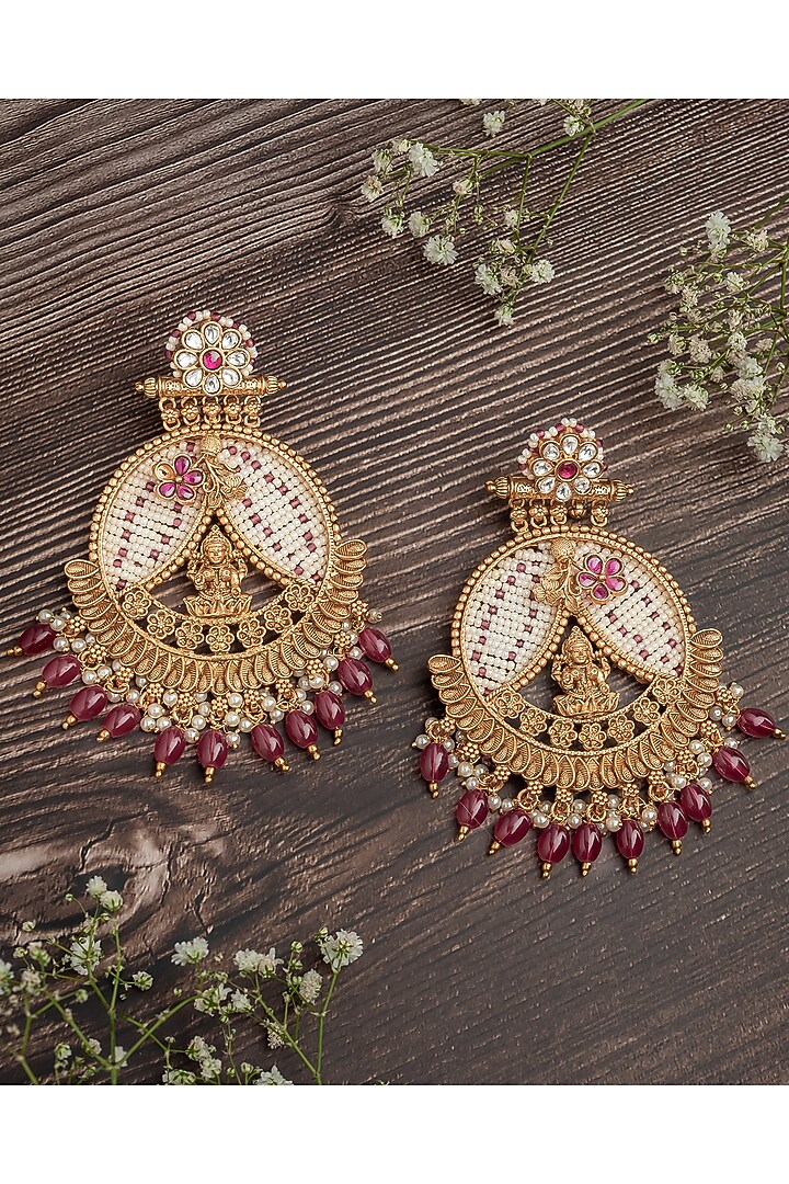 Gold Finish Pink Gemstone & Maroon Beaded Floral Chandbali Earrings by Vivinia By Vidhi Mehra at Pernia's Pop Up Shop