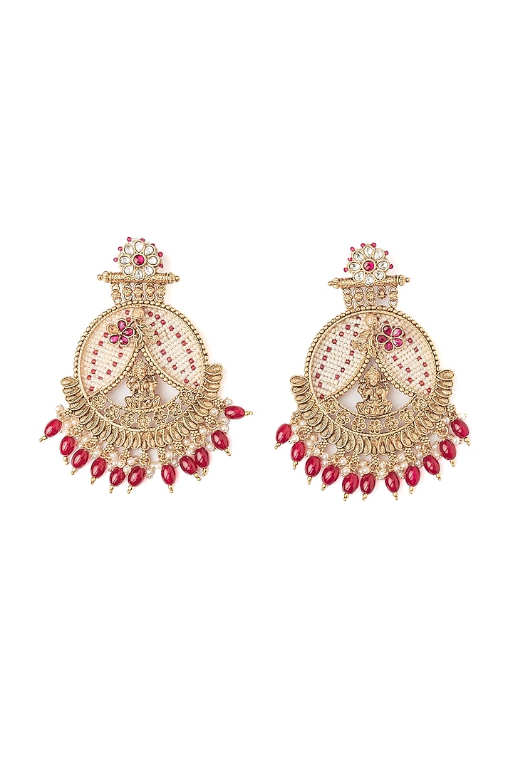 Gold Finish Pink Gemstone & Maroon Beaded Floral Chandbali Earrings by Vivinia By Vidhi Mehra at Pernia's Pop Up Shop