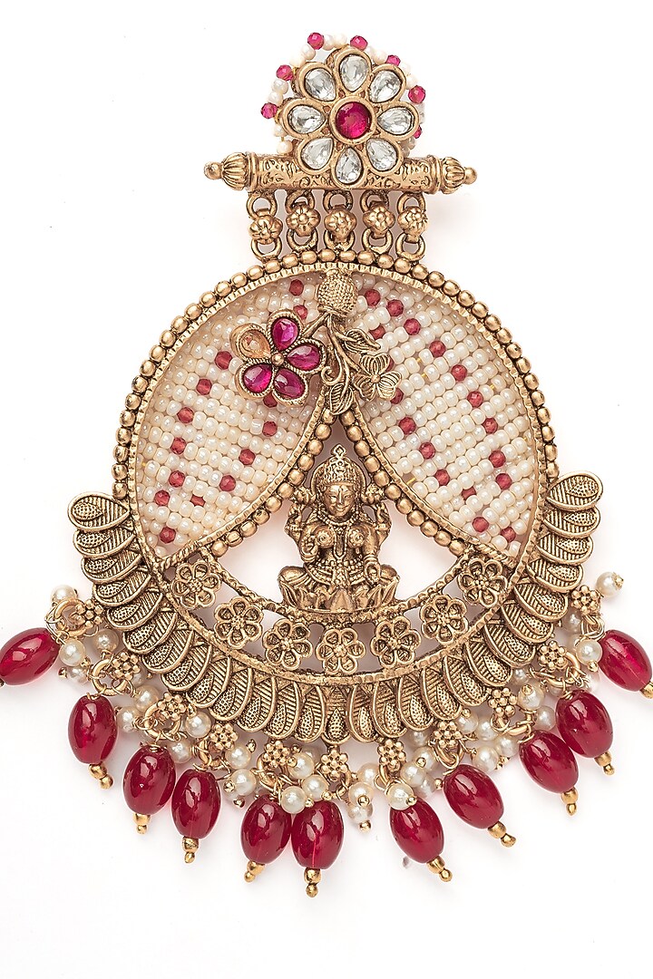 Gold Finish Pink Gemstone & Maroon Beaded Floral Chandbali Earrings by Vivinia By Vidhi Mehra at Pernia's Pop Up Shop