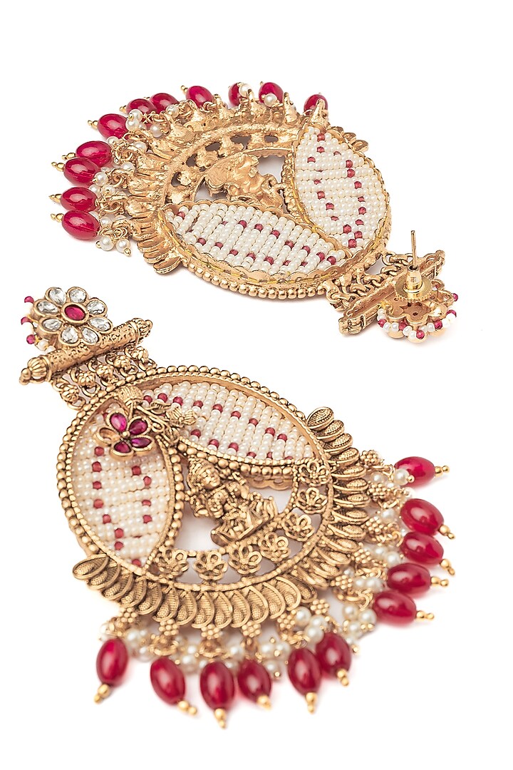 Gold Finish Pink Gemstone & Maroon Beaded Floral Chandbali Earrings by Vivinia By Vidhi Mehra at Pernia's Pop Up Shop