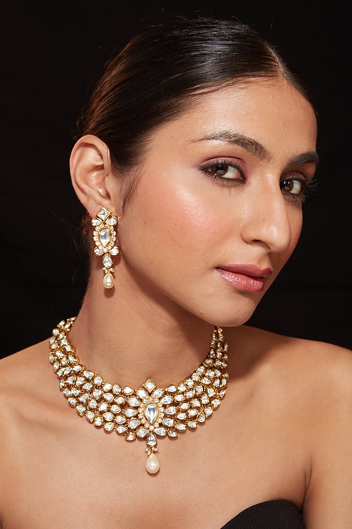 Gold Finish Kundan Polki & Pearl Drop Necklace Set by Vivinia By Vidhi Mehra at Pernia's Pop Up Shop