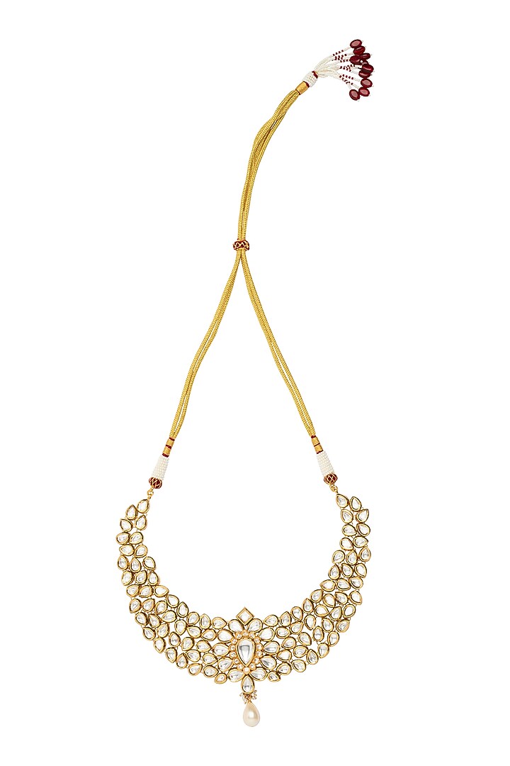 Gold Finish Kundan Polki & Pearl Drop Necklace Set by Vivinia By Vidhi Mehra at Pernia's Pop Up Shop