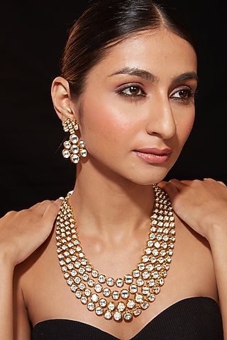 Gold Finish Kundan Polki & Diamond Layered Necklace Set by Vivinia By Vidhi Mehra