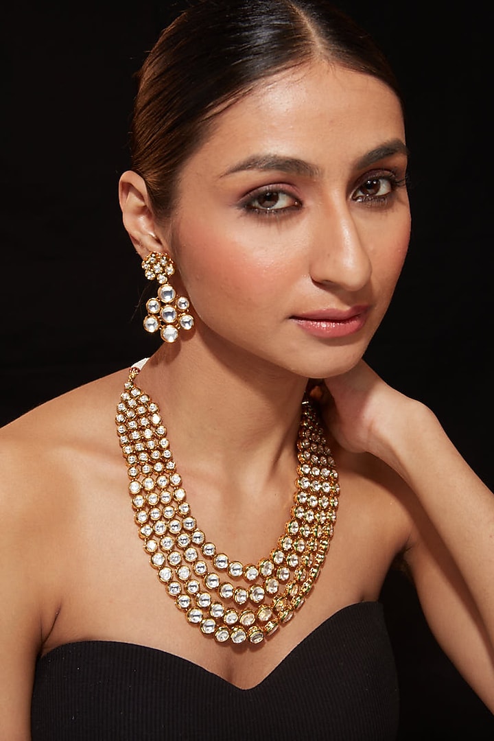 Gold Finish Kundan Polki & Diamond Layered Necklace Set by Vivinia By Vidhi Mehra at Pernia's Pop Up Shop