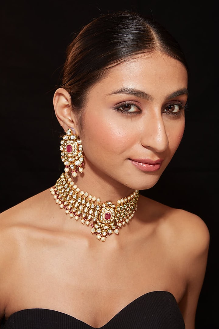 Gold Finish Kundan Polki & Pearl Drop Choker Necklace Set by Vivinia By Vidhi Mehra at Pernia's Pop Up Shop