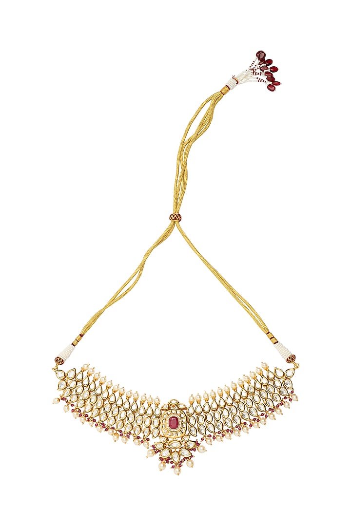 Gold Finish Kundan Polki & Pearl Drop Choker Necklace Set by Vivinia By Vidhi Mehra at Pernia's Pop Up Shop