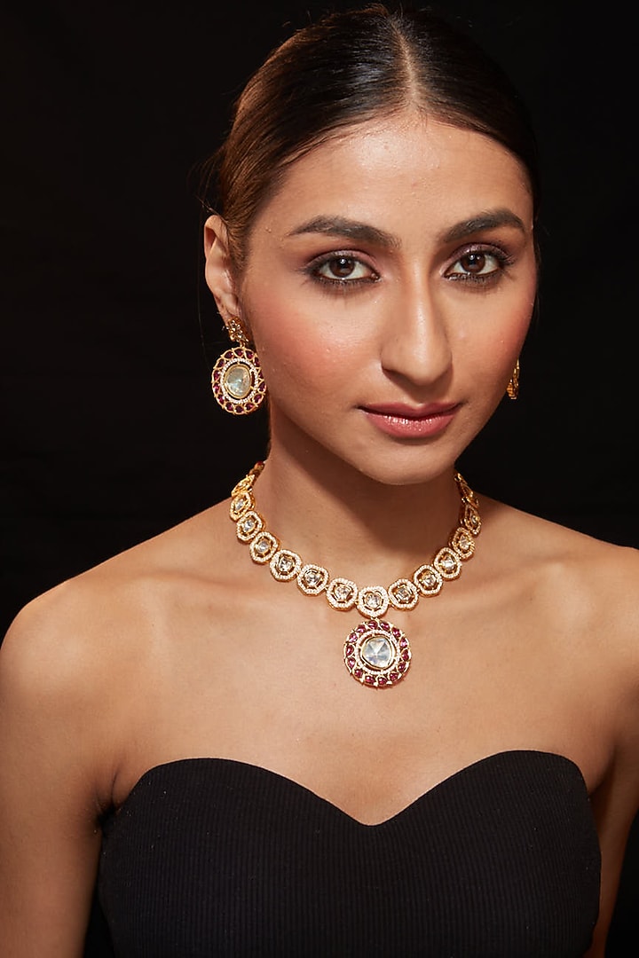 Gold Finish Pink Gemstone Necklace Set by Vivinia By Vidhi Mehra at Pernia's Pop Up Shop