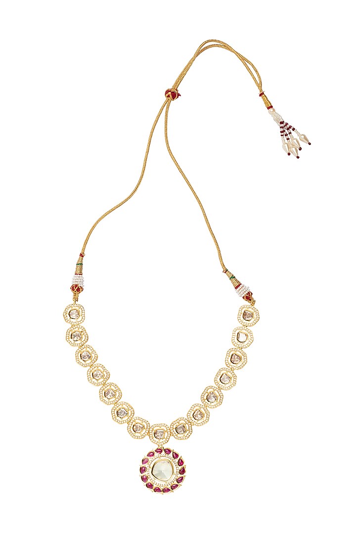 Gold Finish Pink Gemstone Necklace Set by Vivinia By Vidhi Mehra at Pernia's Pop Up Shop