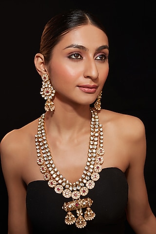 Gold Finish Red Stone Layered Necklace Set by Vivinia By Vidhi Mehra