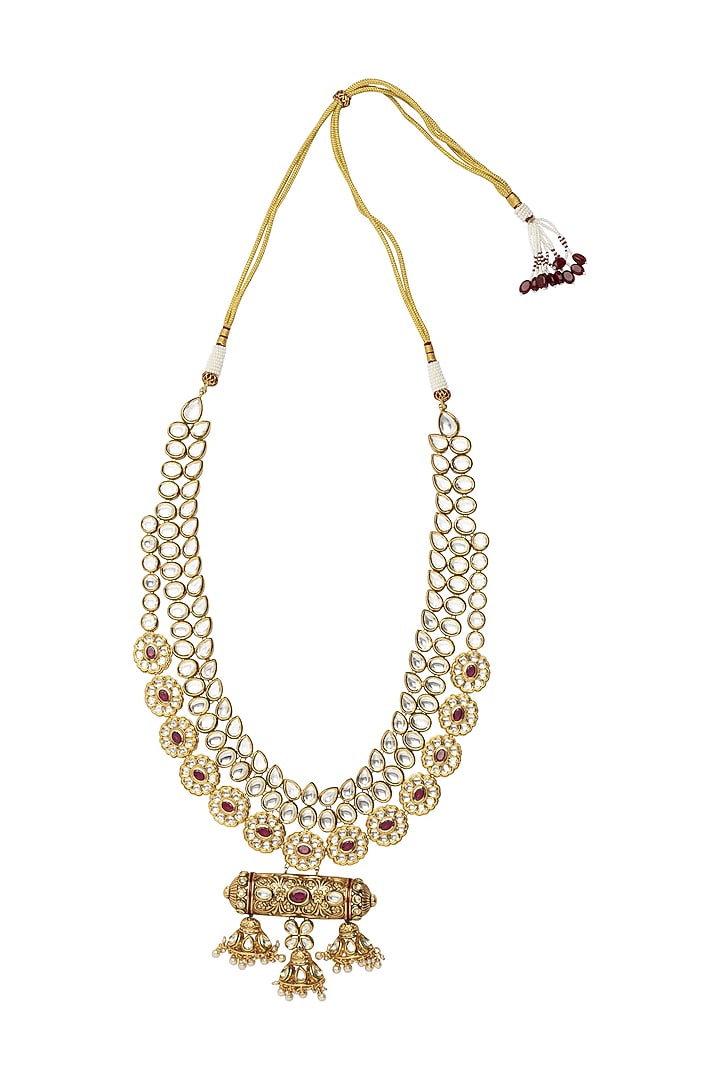 Gold Finish Red Stone Layered Necklace Set by Vivinia By Vidhi Mehra at Pernia's Pop Up Shop