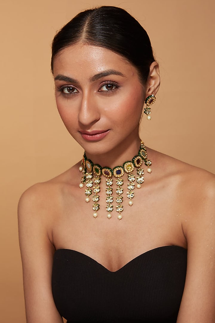 Gold Finish Multi-Colored Kundan Polki Choker Necklace Set by Vivinia By Vidhi Mehra at Pernia's Pop Up Shop