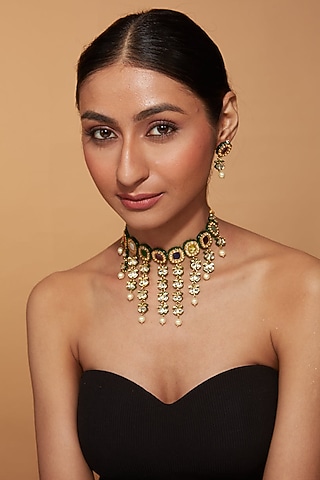 Gold Finish Multi-Colored Kundan Polki Choker Necklace Set by Vivinia By Vidhi Mehra