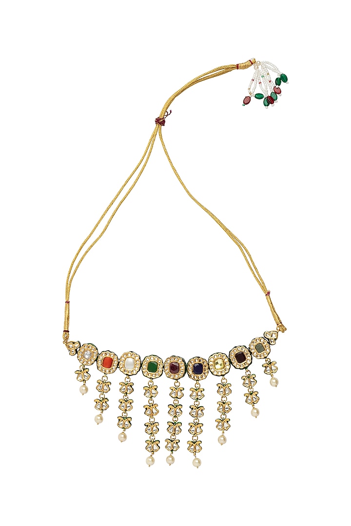 Gold Finish Multi-Colored Kundan Polki Choker Necklace Set by Vivinia By Vidhi Mehra at Pernia's Pop Up Shop