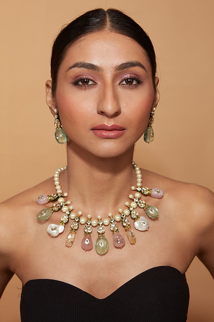 Gold Finish Multi-Colored Kundan Polki Necklace Set by Vivinia By Vidhi Mehra at Pernia's Pop Up Shop