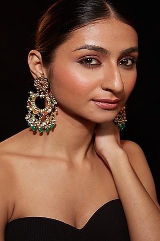 Gold Finish Multi-Colored Kundan Polki Dangler Earrings by Vivinia By Vidhi Mehra