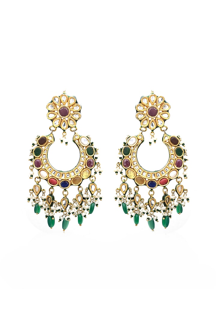 Gold Finish Multi-Colored Kundan Polki Dangler Earrings by Vivinia By Vidhi Mehra at Pernia's Pop Up Shop
