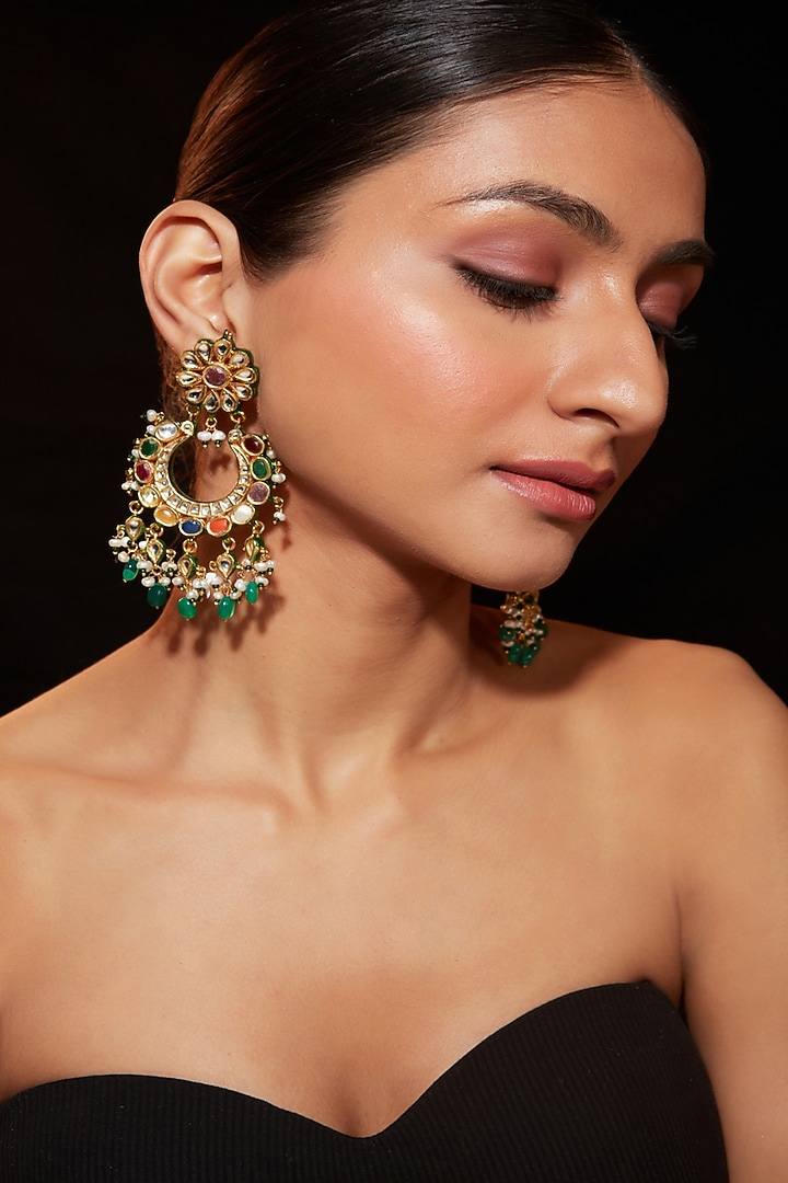 Gold Finish Multi-Colored Kundan Polki Dangler Earrings by Vivinia By Vidhi Mehra at Pernia's Pop Up Shop