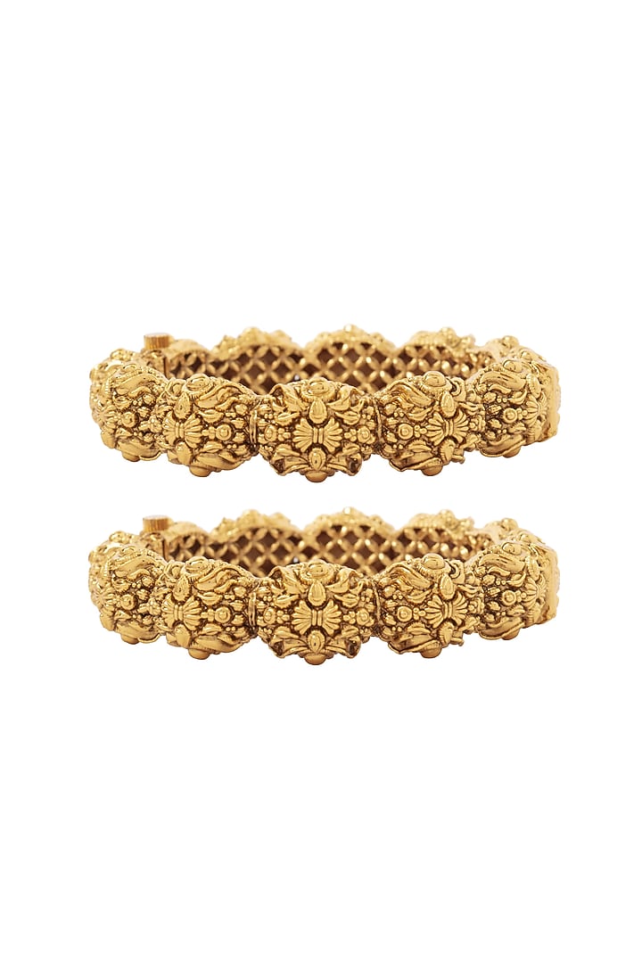 Gold Finish Textured Bangles (Set Of 2) by Vivinia By Vidhi Mehra at Pernia's Pop Up Shop
