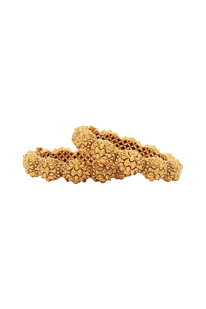 Gold Finish Textured Bangles (Set Of 2) by Vivinia By Vidhi Mehra at Pernia's Pop Up Shop