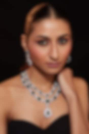 Silver Finish Emerald Stone & Zircon Necklace Set by Vivinia By Vidhi Mehra at Pernia's Pop Up Shop