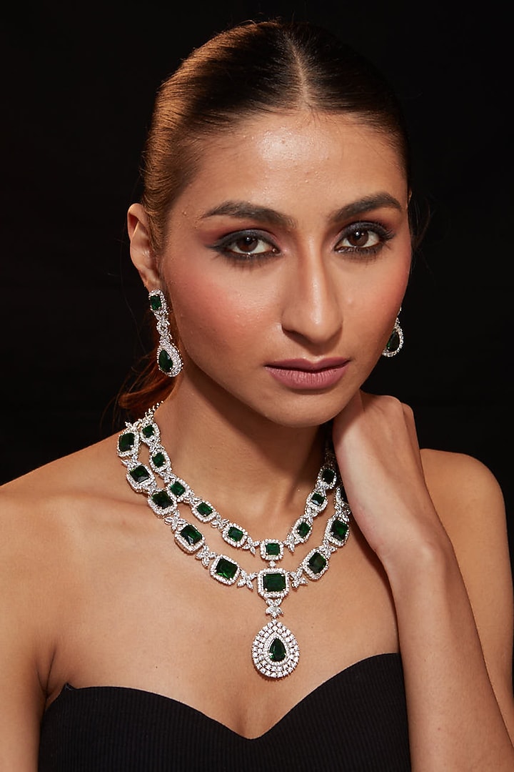 Silver Finish Emerald Stone & Zircon Necklace Set by Vivinia By Vidhi Mehra at Pernia's Pop Up Shop