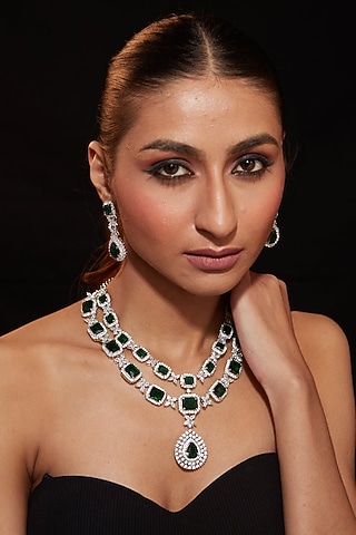 Silver Finish Emerald Stone & Zircon Necklace Set by Vivinia By Vidhi Mehra