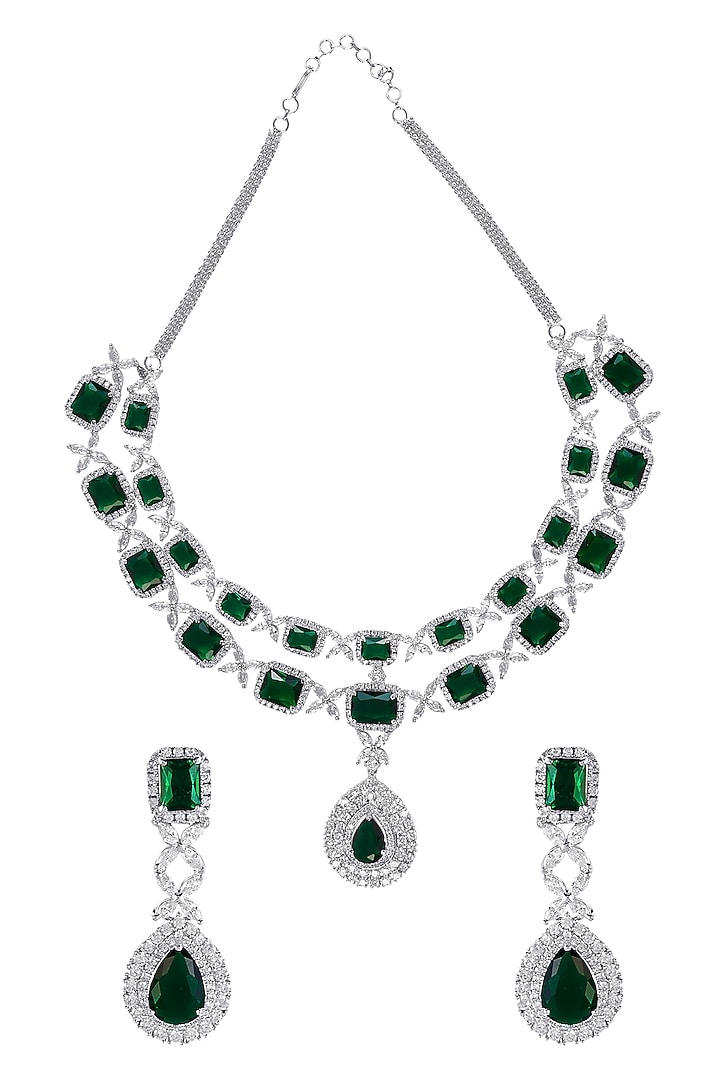Silver Finish Emerald Stone & Zircon Necklace Set by Vivinia By Vidhi Mehra at Pernia's Pop Up Shop