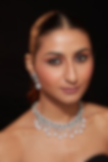 Silver Finish Zircon & Emerald Stone Necklace Set by Vivinia By Vidhi Mehra at Pernia's Pop Up Shop