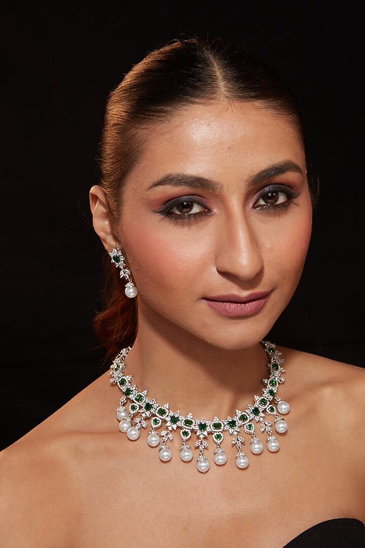 Silver Finish Zircon & Emerald Stone Necklace Set by Vivinia By Vidhi Mehra at Pernia's Pop Up Shop