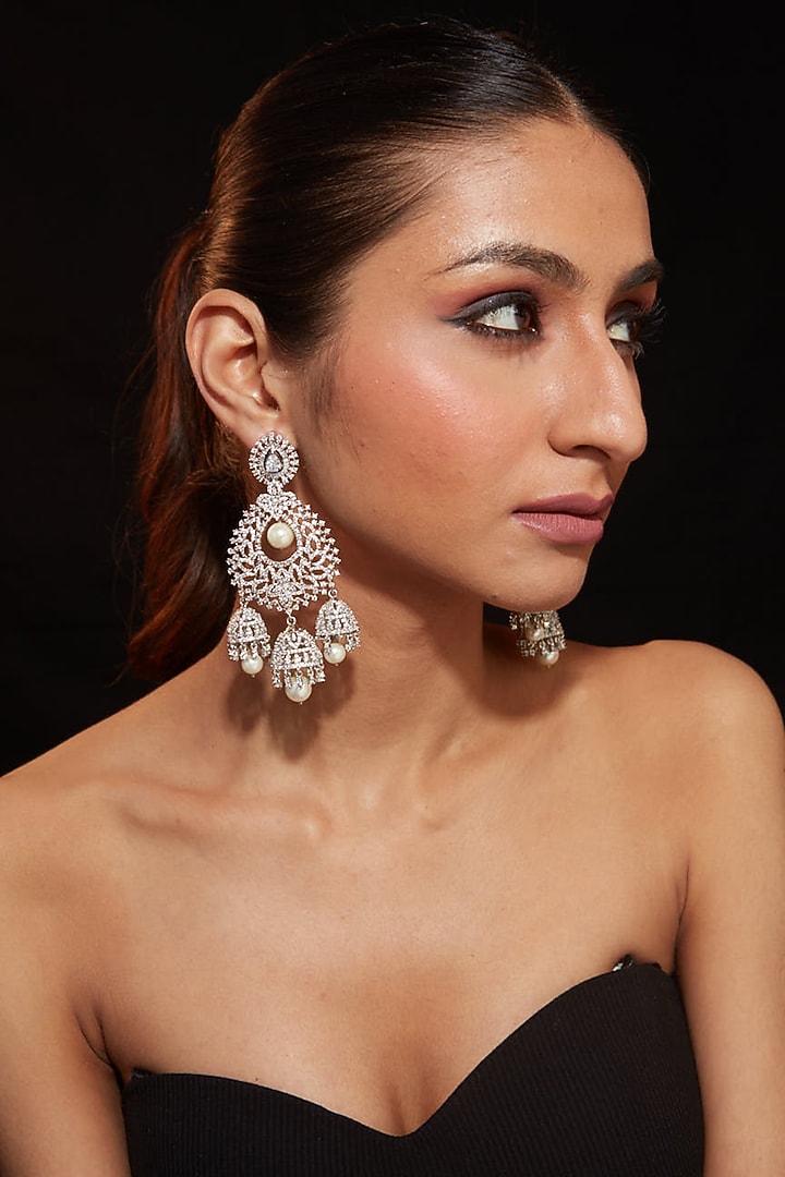 Silver Finish Zircon & Pearl Statement Earrings by Vivinia By Vidhi Mehra at Pernia's Pop Up Shop