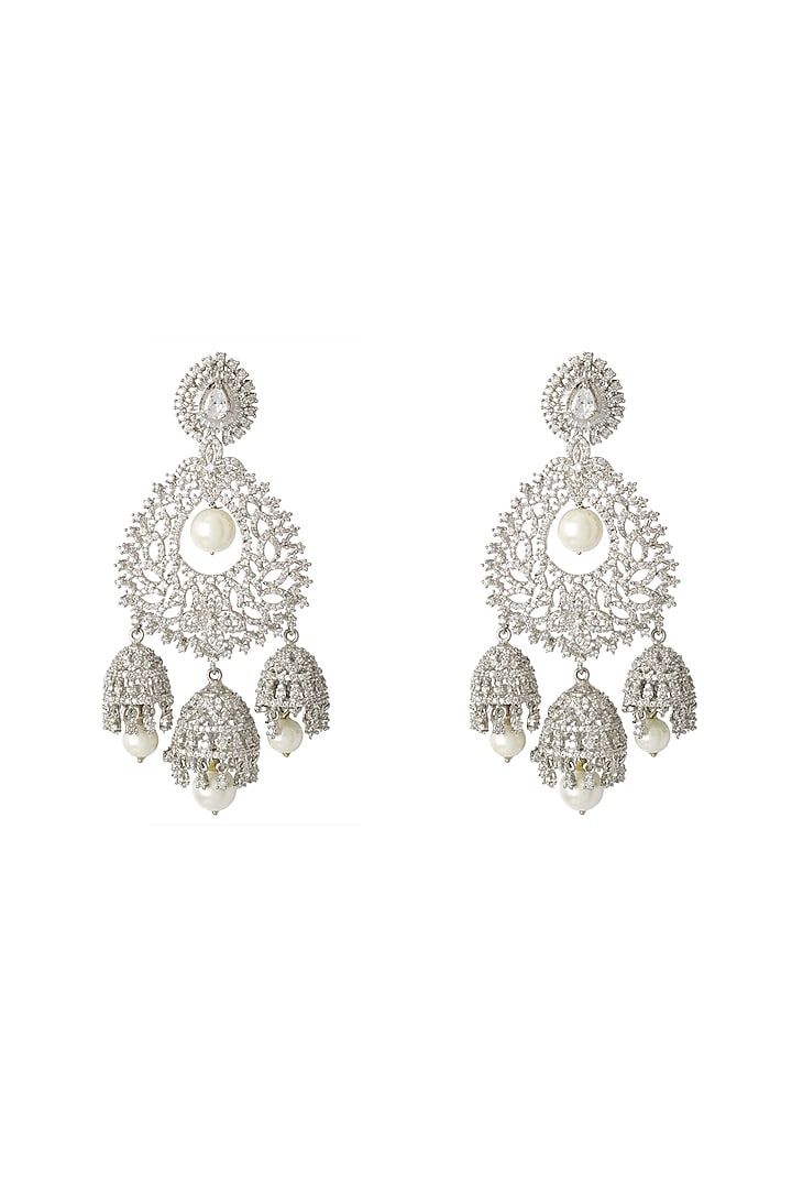 Silver Finish Zircon & Pearl Statement Earrings by Vivinia By Vidhi Mehra at Pernia's Pop Up Shop