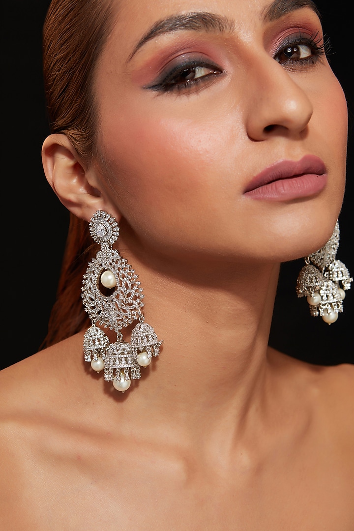 Silver Finish Zircon & Pearl Statement Earrings by Vivinia By Vidhi Mehra at Pernia's Pop Up Shop