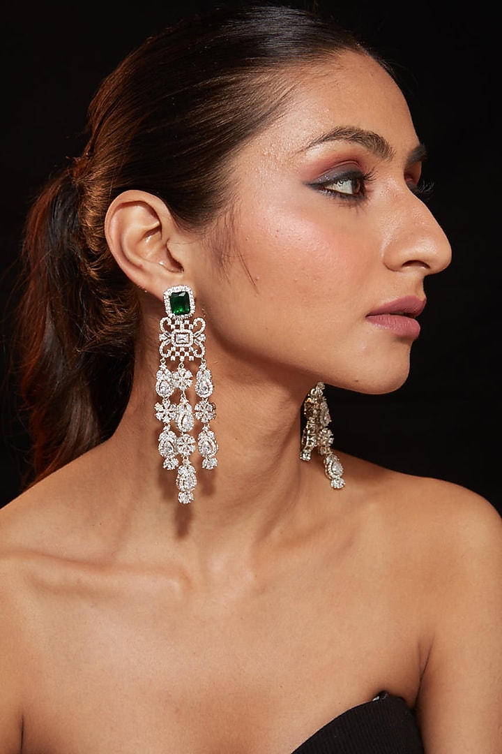 Silver Finish Zircon & Emerald Stone Statement Earrings by Vivinia By Vidhi Mehra at Pernia's Pop Up Shop