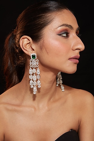 Silver Finish Zircon & Emerald Stone Statement Earrings by Vivinia By Vidhi Mehra