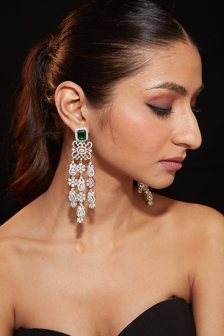 Silver Finish Zircon & Emerald Stone Statement Earrings by Vivinia By Vidhi Mehra at Pernia's Pop Up Shop