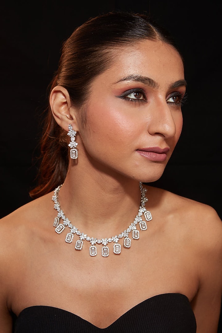Silver Finish Zircon Necklace Set by Vivinia By Vidhi Mehra at Pernia's Pop Up Shop