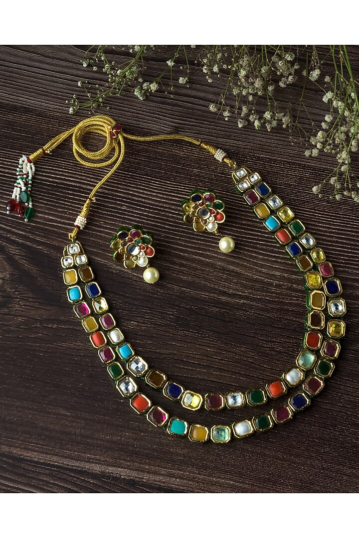 Gold Finish Multi-Colored Stone Necklace Set by Vivinia By Vidhi Mehra at Pernia's Pop Up Shop