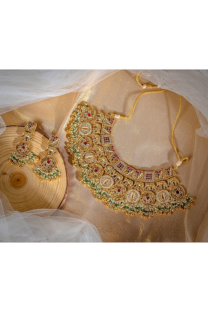 Gold Finish Multi-Colored Beaded Temple Necklace Set by Vivinia By Vidhi Mehra at Pernia's Pop Up Shop