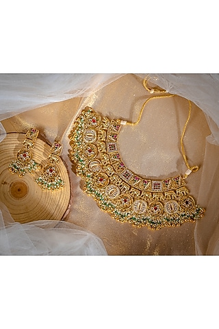 Gold Finish Multi-Colored Beaded Temple Necklace Set by Vivinia By Vidhi Mehra