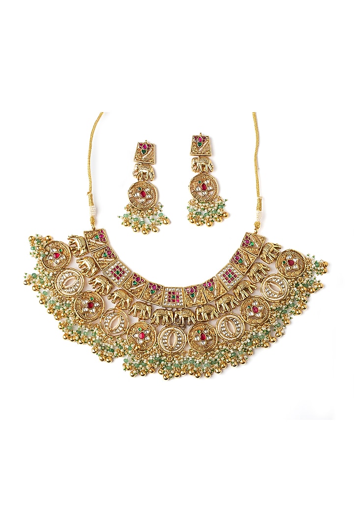 Gold Finish Multi-Colored Beaded Temple Necklace Set by Vivinia By Vidhi Mehra at Pernia's Pop Up Shop