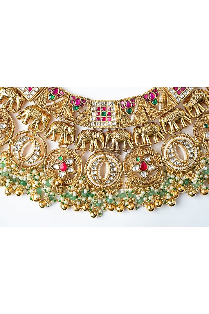 Gold Finish Multi-Colored Beaded Temple Necklace Set by Vivinia By Vidhi Mehra at Pernia's Pop Up Shop