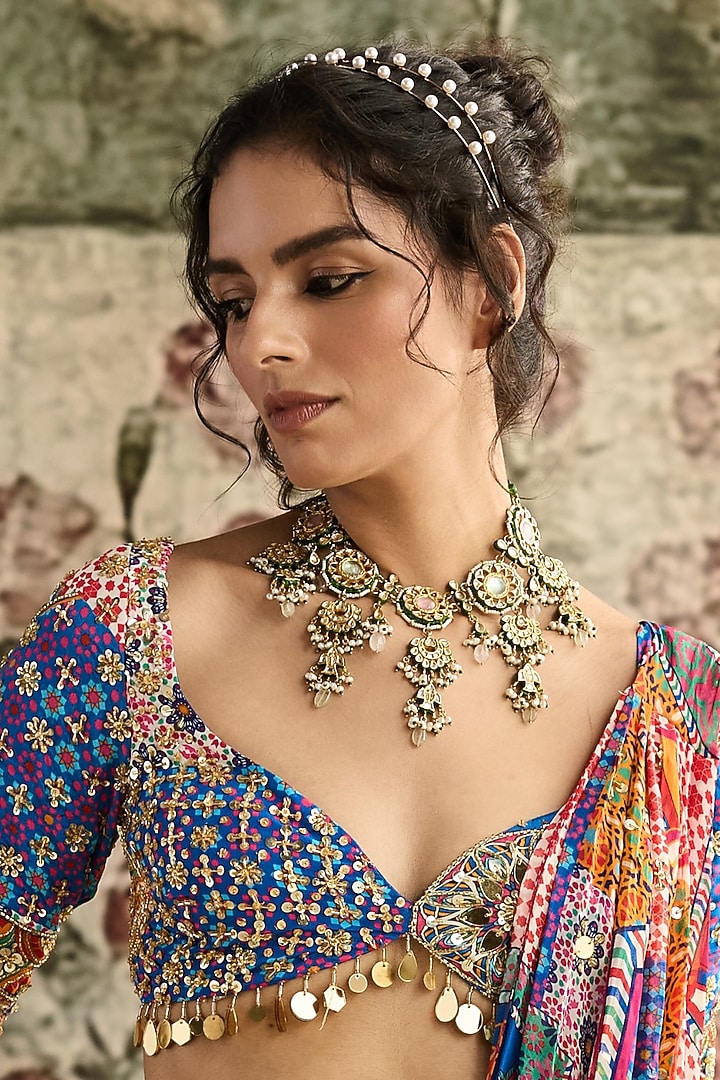 Gold Finish Kundan Polki & Pearl Statement Necklace Set by Vivinia By Vidhi Mehra at Pernia's Pop Up Shop