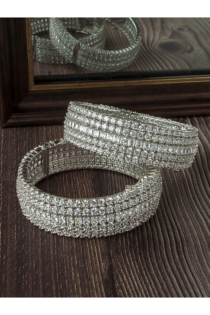 Silver Finish Zircon Bangles (Set Of 2) by Vivinia By Vidhi Mehra at Pernia's Pop Up Shop