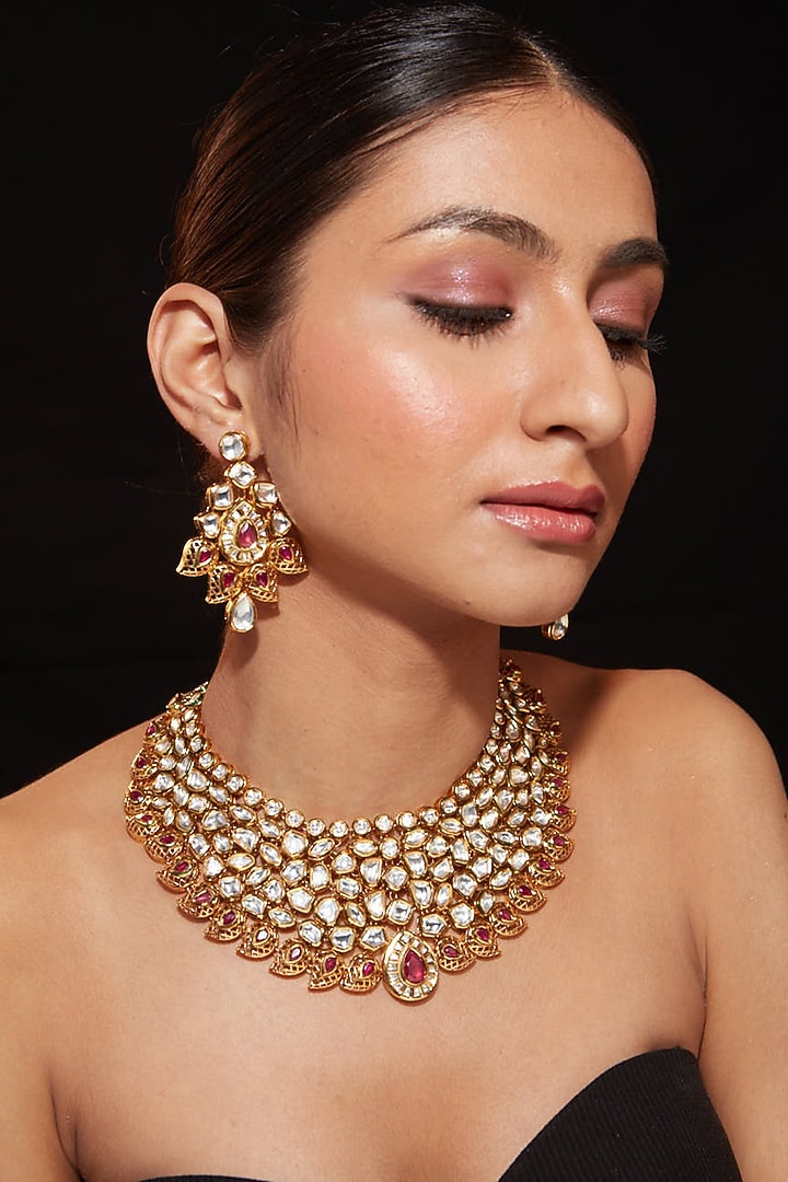 Gold Finish Kundan Polki & Pearl Necklace Set by Vivinia By Vidhi Mehra at Pernia's Pop Up Shop