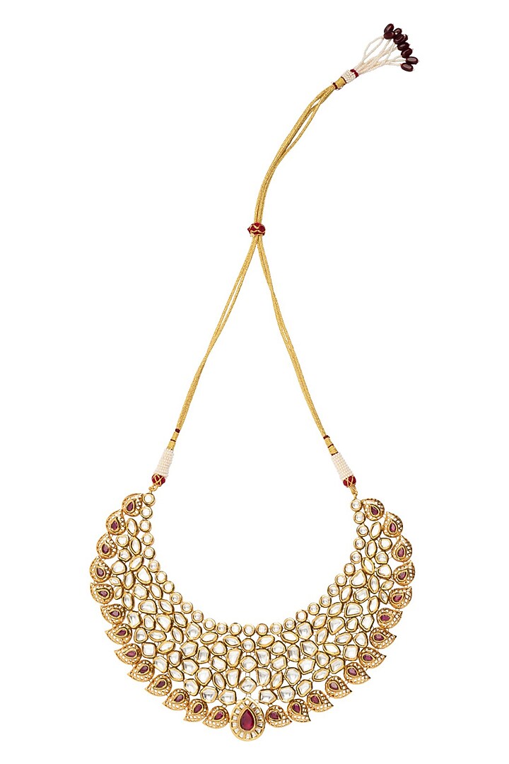 Gold Finish Kundan Polki & Pearl Necklace Set by Vivinia By Vidhi Mehra at Pernia's Pop Up Shop