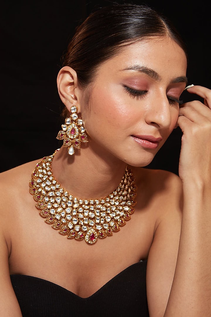 Gold Finish Kundan Polki & Pearl Necklace Set by Vivinia By Vidhi Mehra at Pernia's Pop Up Shop