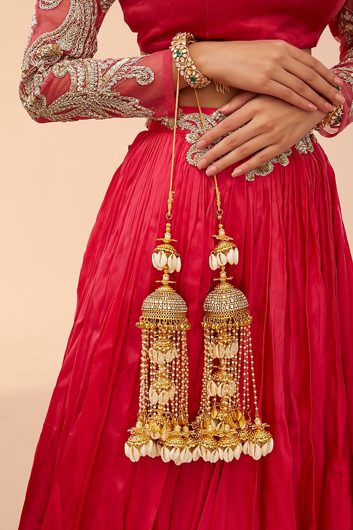 Gold Finish Shell Charms & Embellished Kaleeras (Set Of 2) by Vivinia By Vidhi Mehra at Pernia's Pop Up Shop