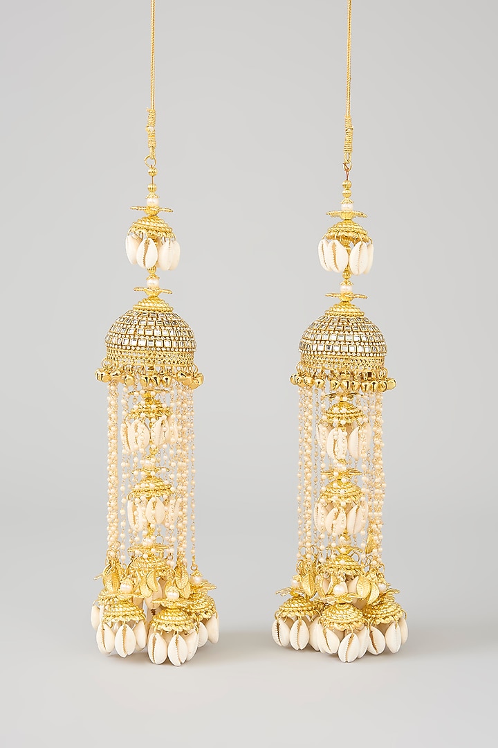 Gold Finish Shell Charms & Embellished Kaleeras (Set Of 2) by Vivinia By Vidhi Mehra at Pernia's Pop Up Shop