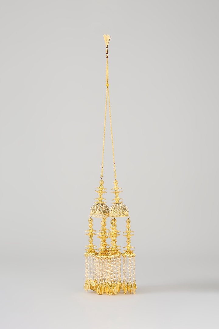 Gold Finish Shell Charms & Pearl Kaleeras (Set Of 2) by Vivinia By Vidhi Mehra at Pernia's Pop Up Shop